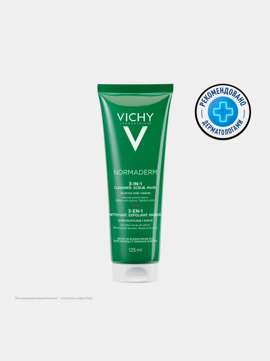 Gel-skrab-niqobi VICHY NORMADERM, yog'li muammoli terini intensiv tozalash uchun 3-in-1, 125 ml - 
