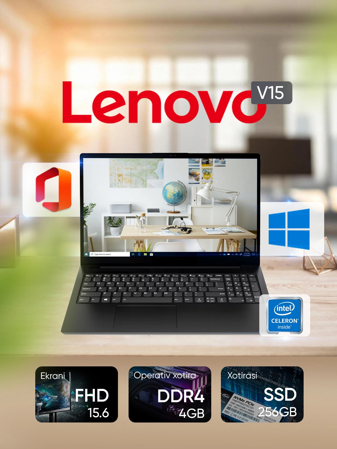 Ноутбук Lenovo Intel Celeron N4500, DDR4 4GB, SSD 256GB, 15.6