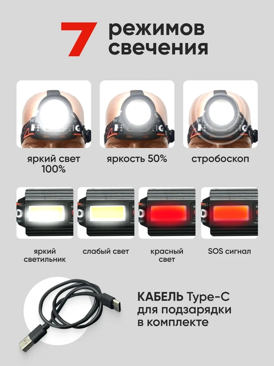 Bosh fonar, 3 ta 18650 akkumulyator bilan, orqa fonar, 7 rejim va PowerBank funksiyasi