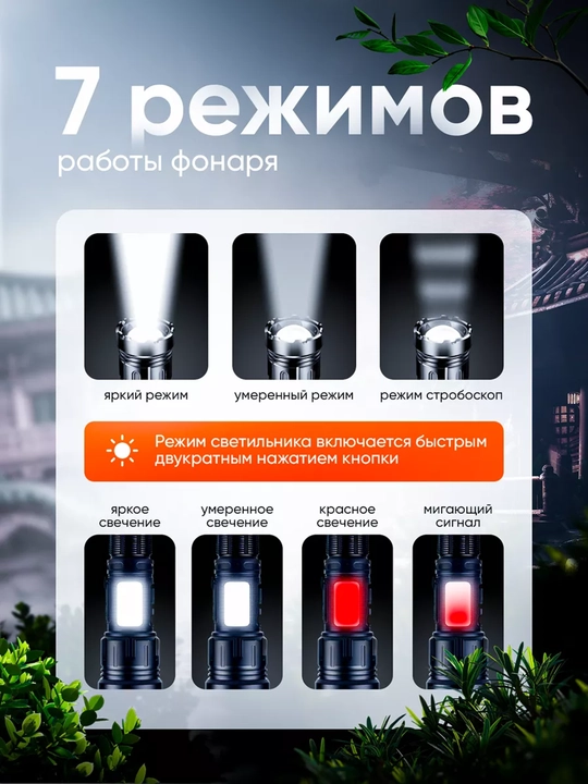 Qo'l chirog'i, 18650 akkumulyator va bilaguzuk bilan, 7 rejim, PowerBank va magnit bilan
