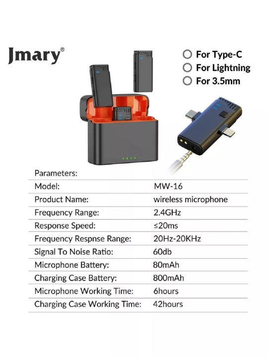 Jmary MW-16 simsiz ilmoqli mikrofon, universal, Type-C, Lightning