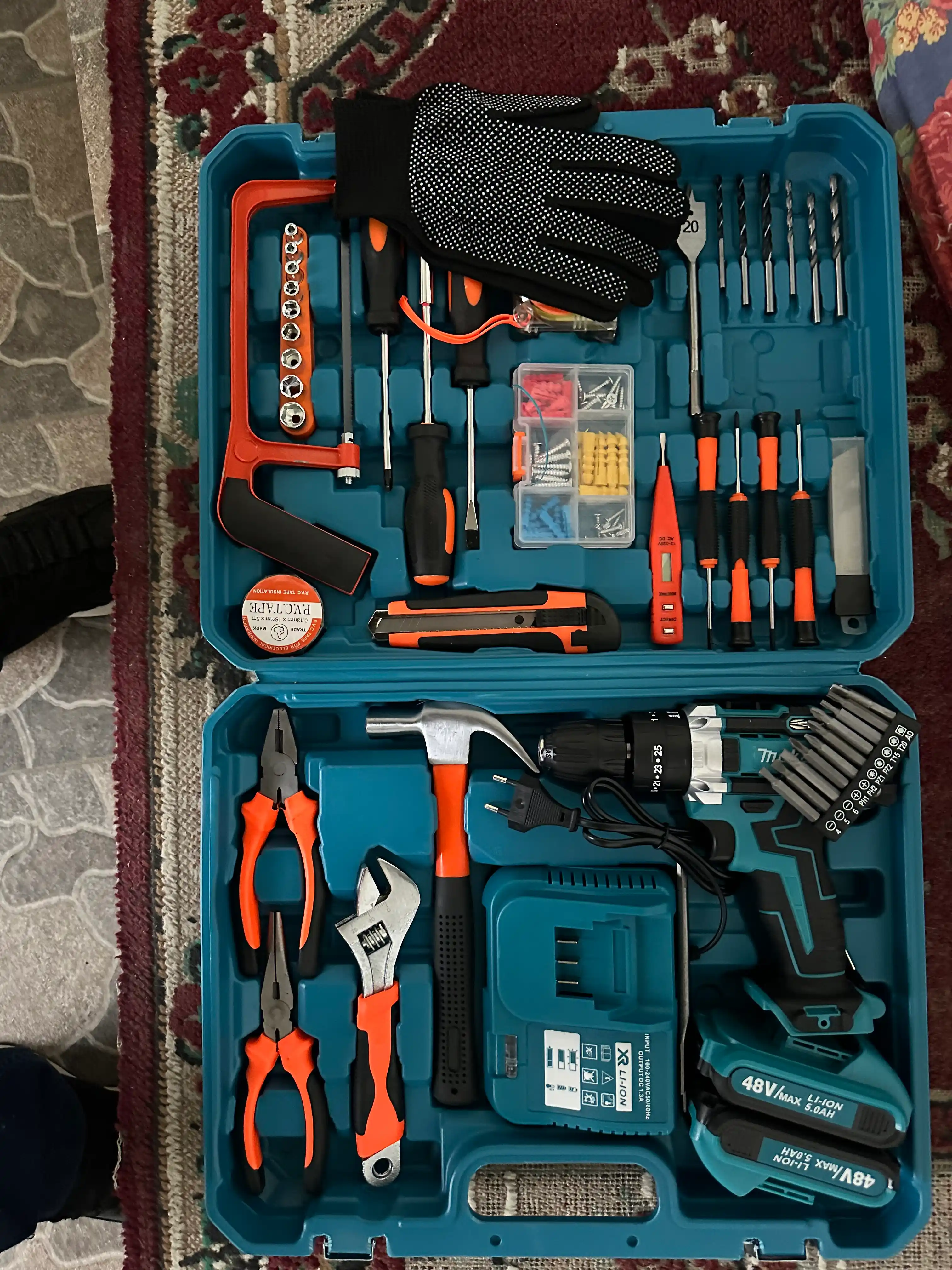 Batareykali drel shurup buragich 48V, 2 ta batareya, keysda 54 ta asboblar to‘plami