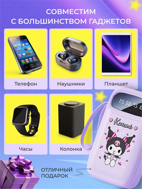 Jazibali PowerBank Hello Kitty, Kuromi, Cinnamonroll, Melody, 10000mAh, 4 ta kabel bilan