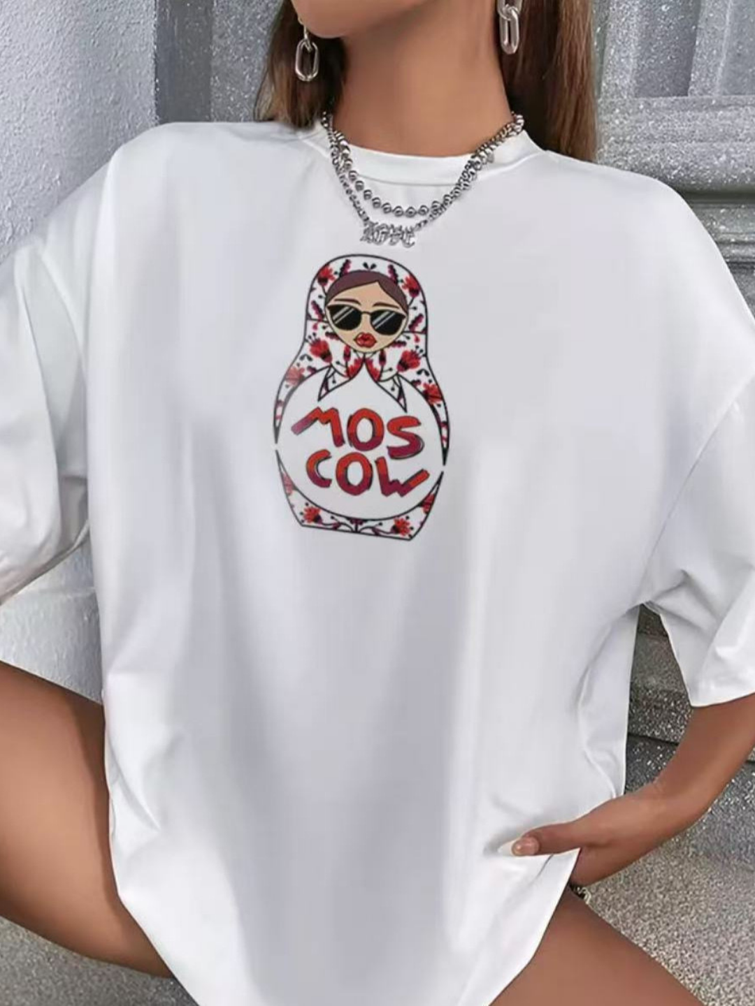 Ayollar uchun oversayz futbolka, matrshka printli, 100% paxta, S-XL o'lchamlar