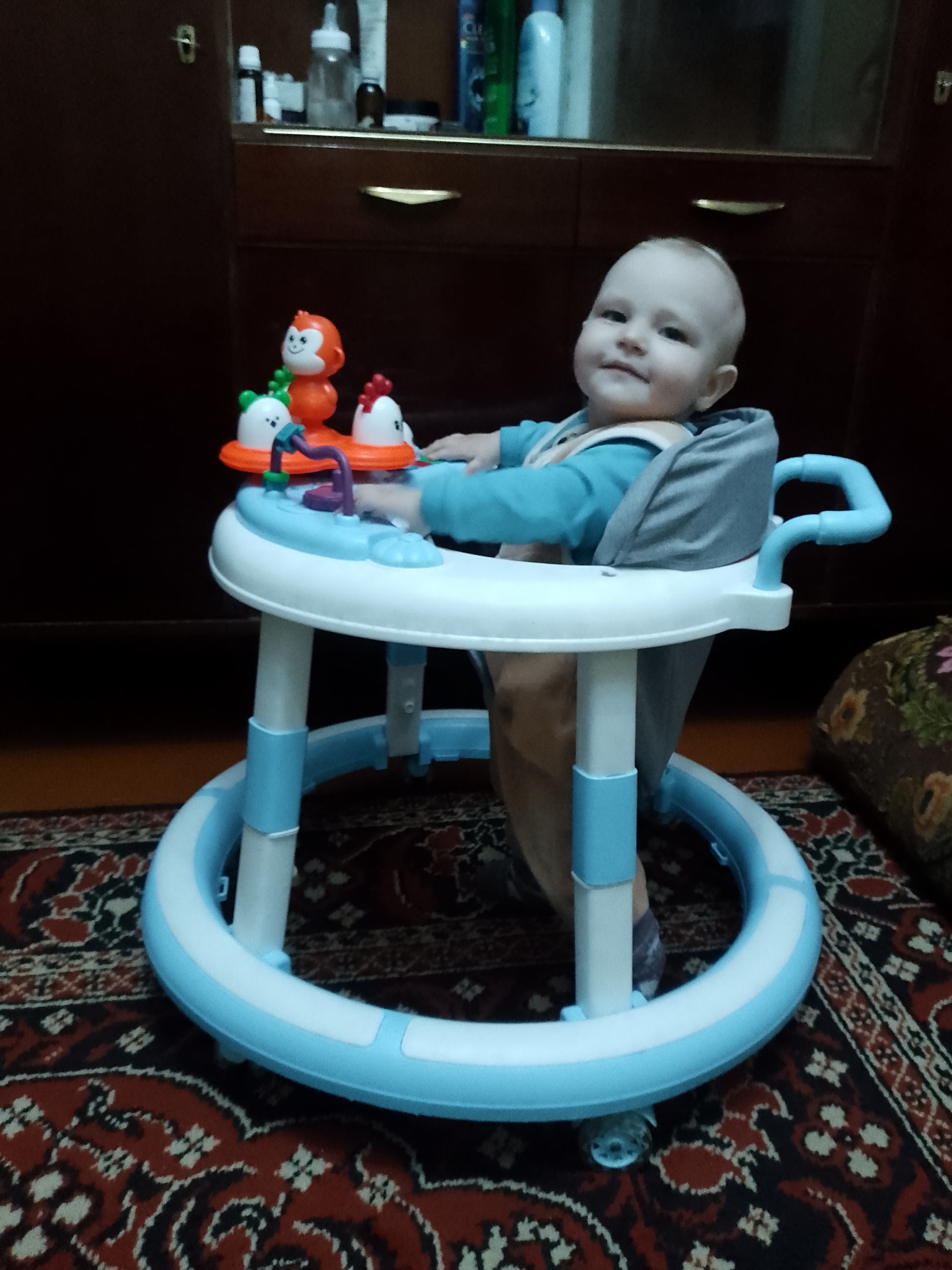Ходунки для малышей, на колесиках, с регулируемой высотой, зонтиком, игрушками