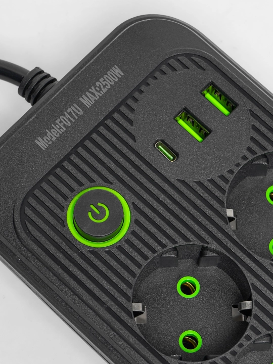 Удлинитель электрический, 2 метра, 3 USB порта, Type-C, сетевой фильтр