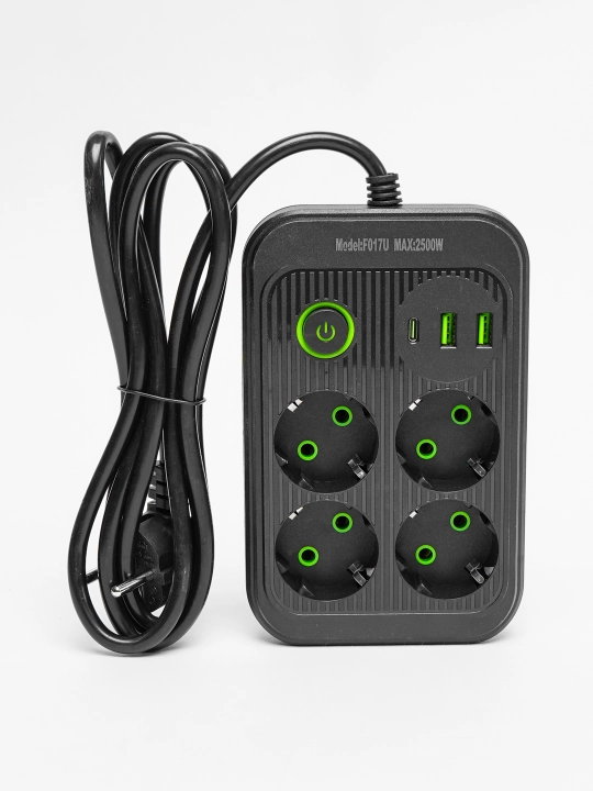 Удлинитель электрический, 2 метра, 3 USB порта, Type-C, сетевой фильтр
