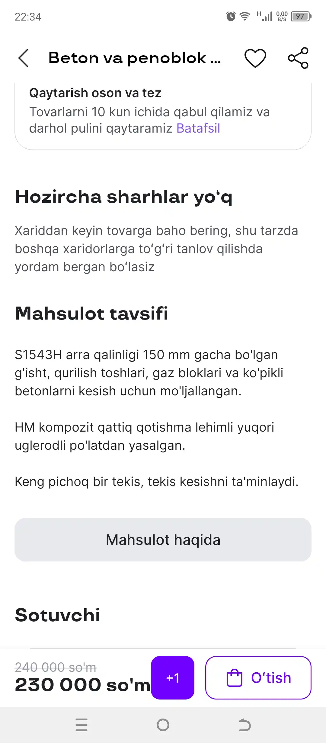 Beton va penoblok uchun pichoqli arra S1543HM Kayzer