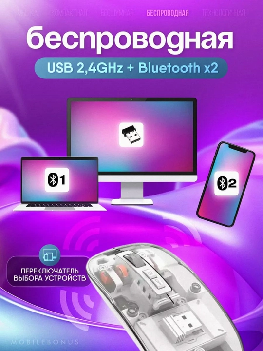 Noutbuk uchun simsiz shaffof sichqoncha, magnit qopqoq, 2.4 GHz