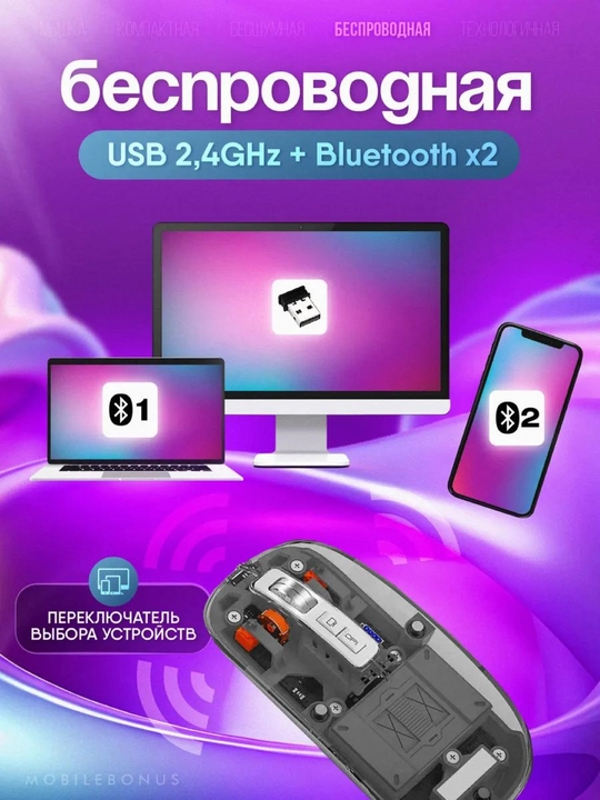 Noutbuk uchun simsiz shaffof sichqoncha, magnit qopqoq, 2.4 GHz
