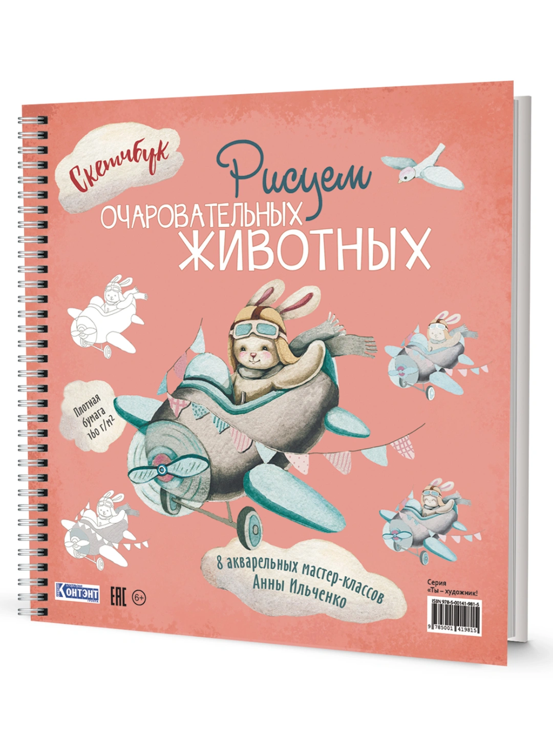 Скетчбук, серия "Рисуем очаровательных животных", Заяц на самолете, 64 стр
