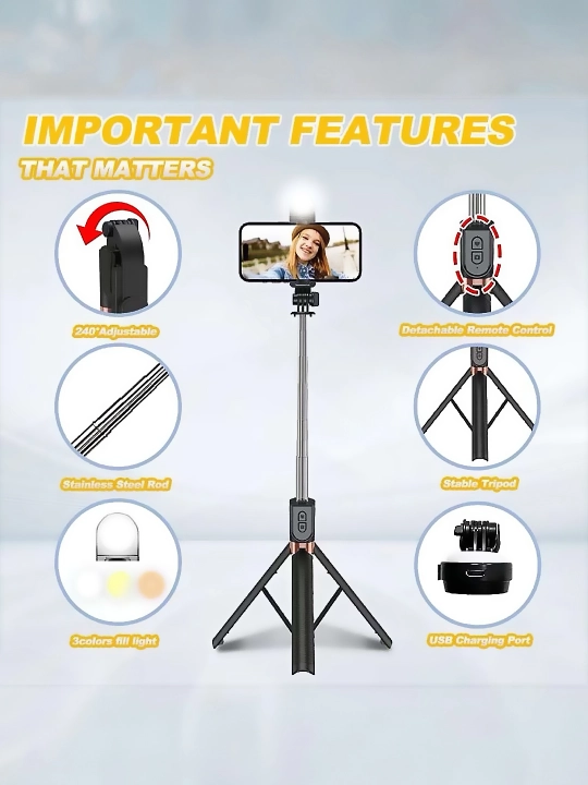Tripod stendi, selfi tayoqchasi + LED chiroq, jonli efir uchun, 200 sm