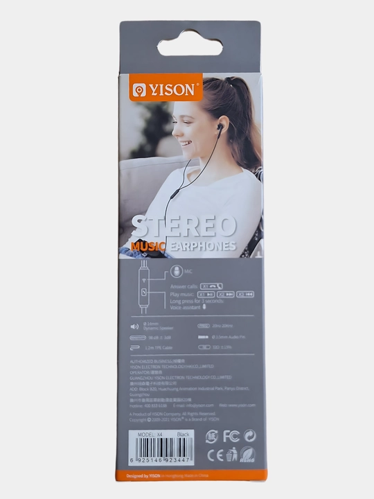 Simli quloqchinlar Yison X1, Yison X4  Stereo MUSIC EARPHONES, mikrofoni bilan, 3.5 mm