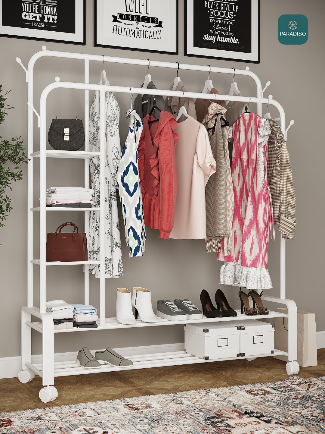 Металлическая, напольная вешалка, для одежды, с обувницей, на колесиках ...