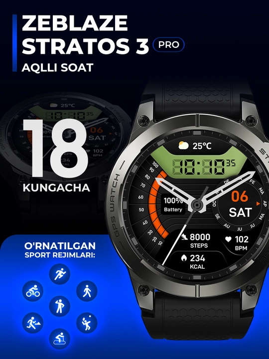 Smart watch Zeblaze Stratos 3 Pro AMOLED, GPS, Bluetooth qo‘ng‘iroqlar, puls va SpO₂