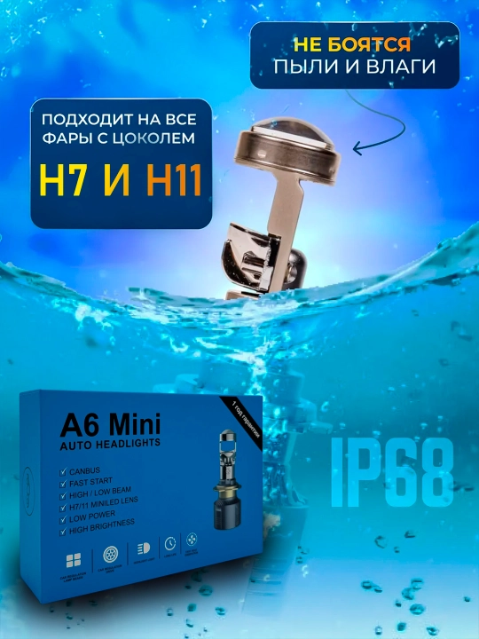 Avtomobil LED mini linzalari H7 va H11, LED lampalar A6 Mini