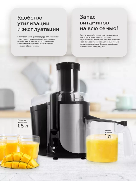 Elektr sharbat chiqargich BQ J1003, hajmi 1 l, quvvati 1800 Vt, tezligi 18000 min/ob