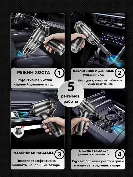 Автомобильный пылесос 12000 Ра для сухой и влажной уборки, беспроводной