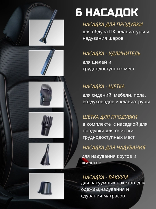 Автомобильный пылесос 12000 Ра для сухой и влажной уборки, беспроводной