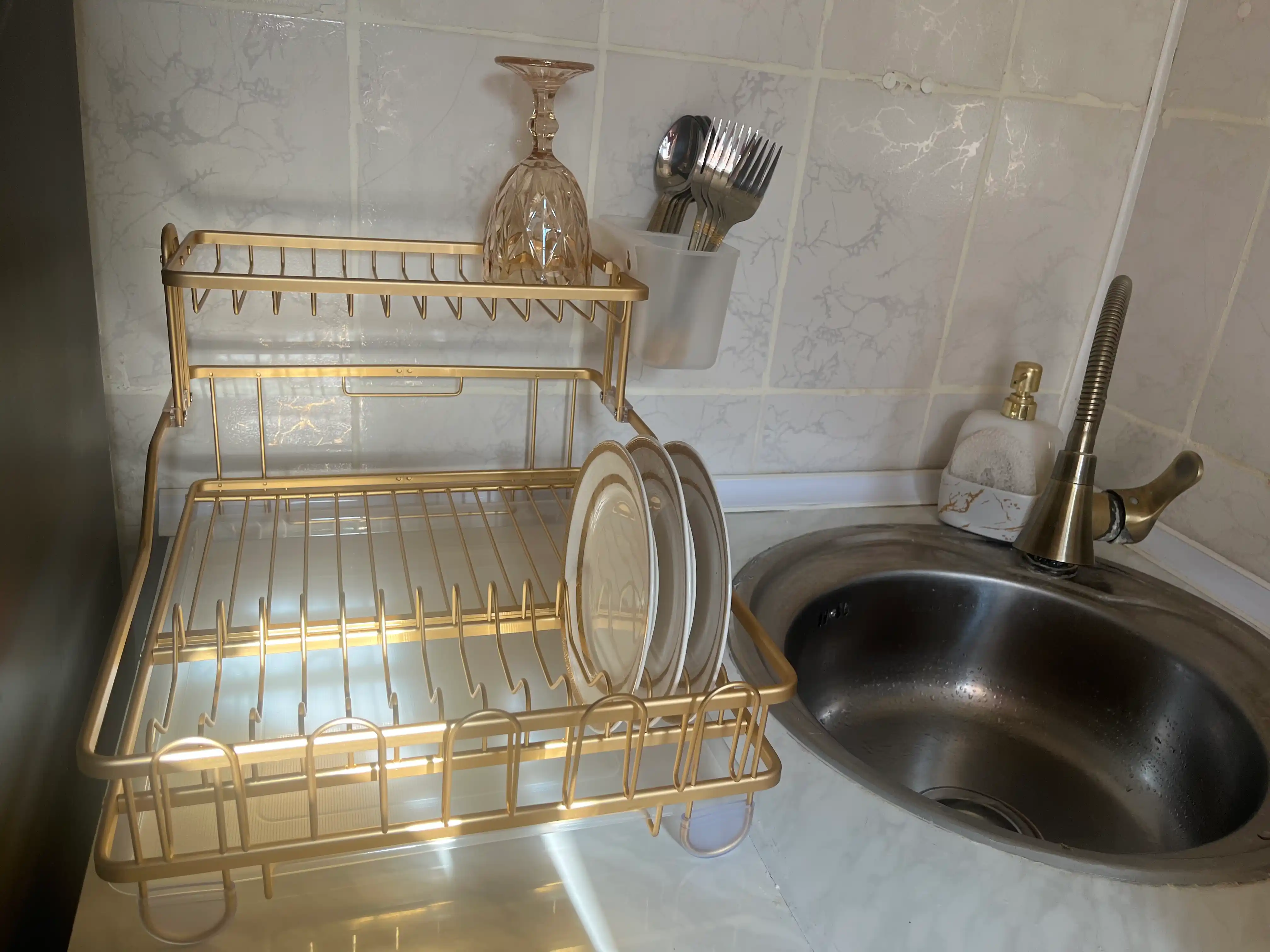 Сушилка для посуды, настольная, для кухни и раковины, с поддоном, аллюминиевая, двухъярусная