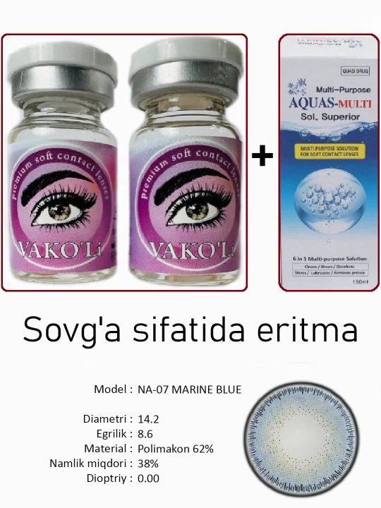 Rangli moviy ko‘z linzalari, 12 oylik, dioptriyasiz, go‘zallik uchun - 
