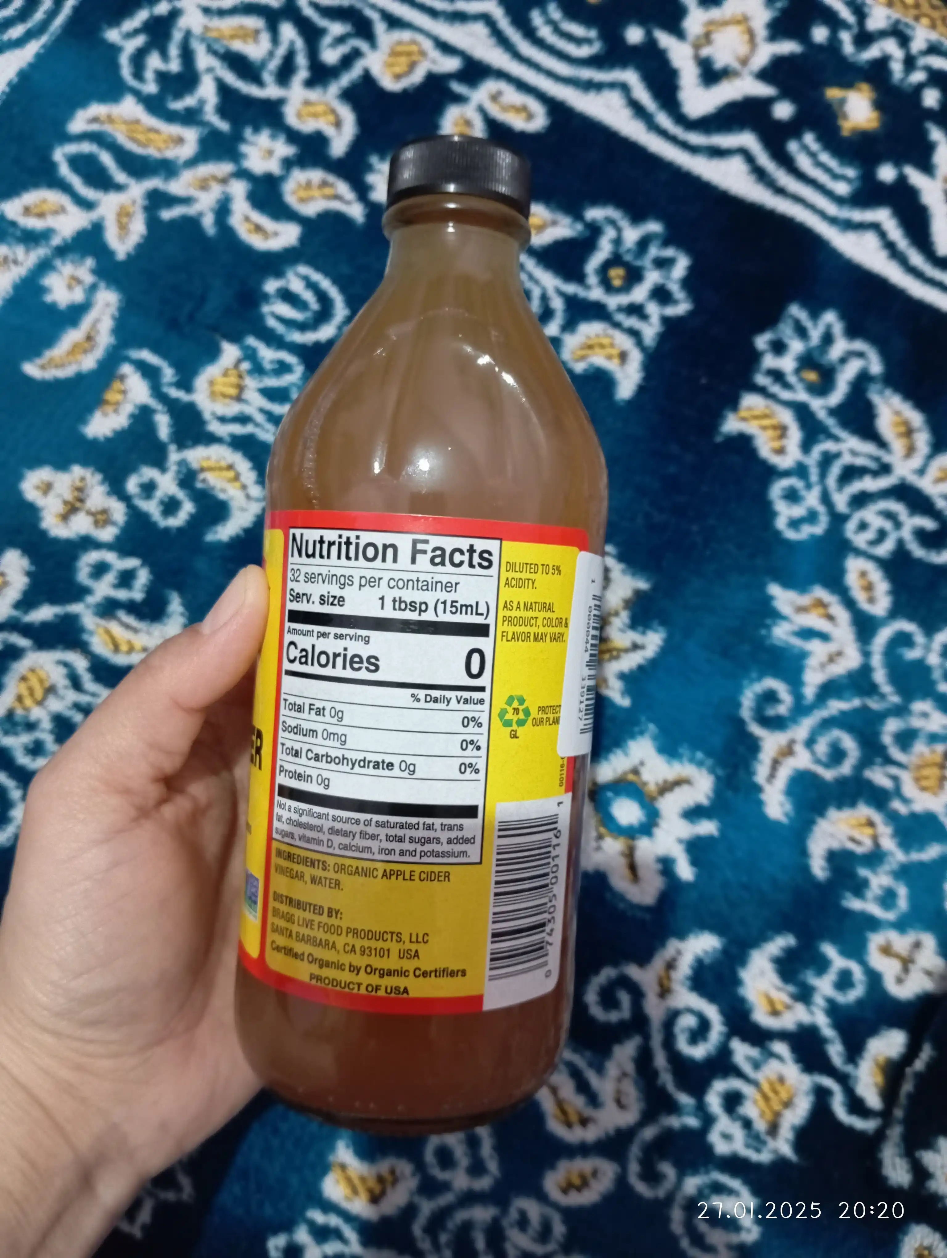 Bragg organik olma sirkasi, sirka bachadoni bilan, filtrlanmagan, 473 ml