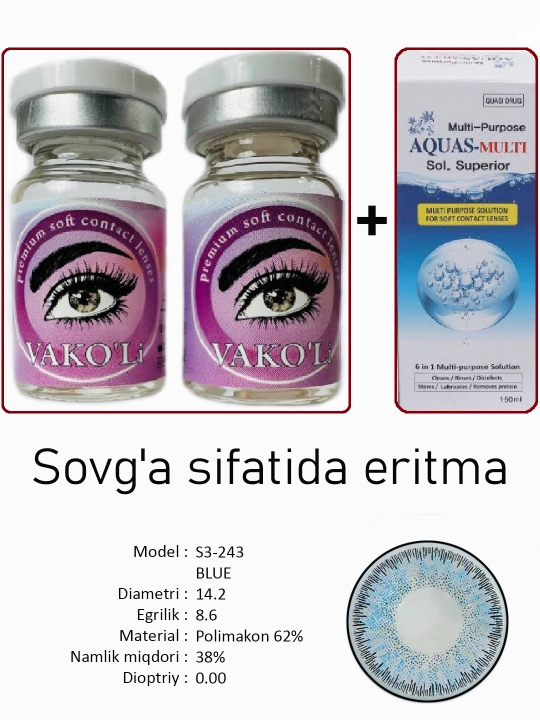 Ko'zlar uchun rangli KO'K kontakt linzalari, 12 oy, dioptersiz, go'zallik uchun - 
