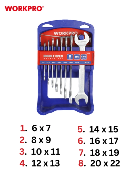Ikki tomonlama ochiq kalitlar to'plami WORKPRO, 6-22 mm, 8 dona WP202506