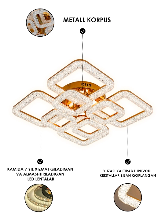 Люстра светодиодная,2 формы: круглая, квадратная, с кристаллами, с пультом