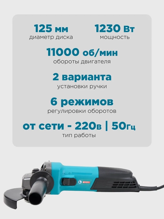 Болгарка Biyoti BYT1253 — мощная 1230 Вт для резки и шлифовки металла и бетона, ART 090101