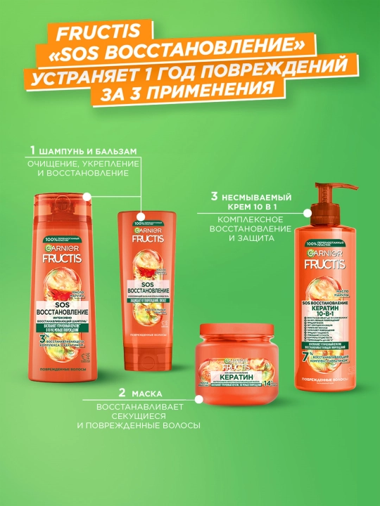 Garnier Fructis Sochni mustahkamlovchi shampun, SOS qayta tiklash, shikastlangan sochlar uchun, 250 ml