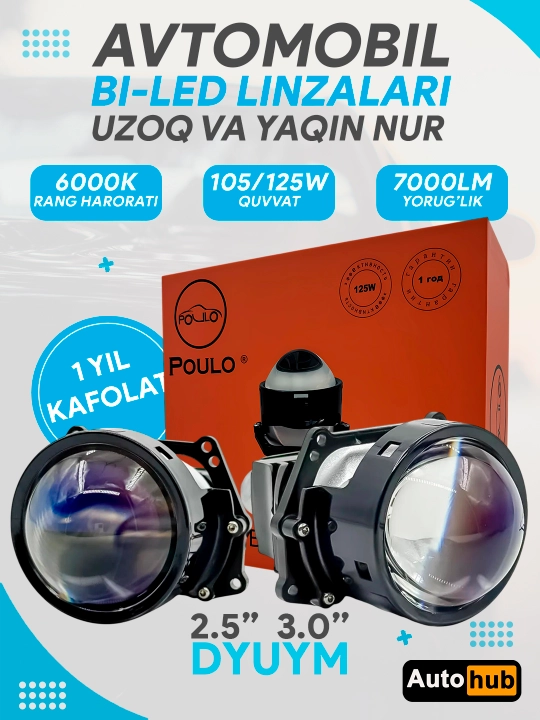 Автомобильные светодиодные линзы 2.5 и 3 дюйм, Bi-LED линзы для фар, Poulo B1 и B3 - 