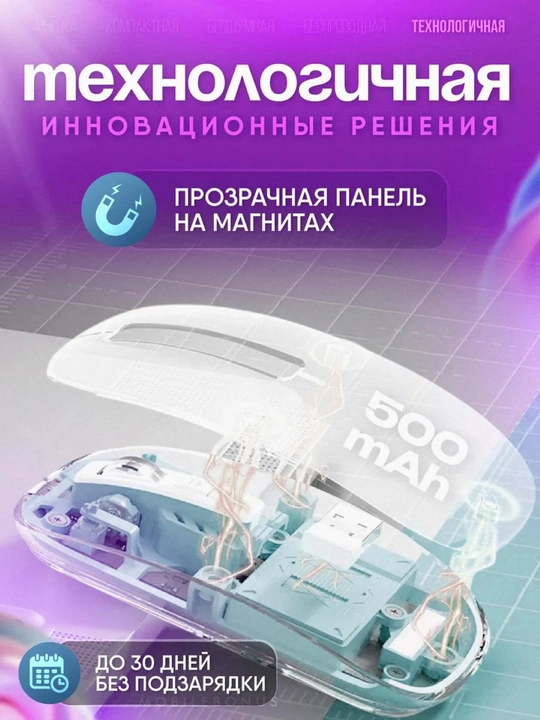 Noutbuk uchun simsiz shaffof sichqoncha, magnit qopqoq, 2.4 GHz