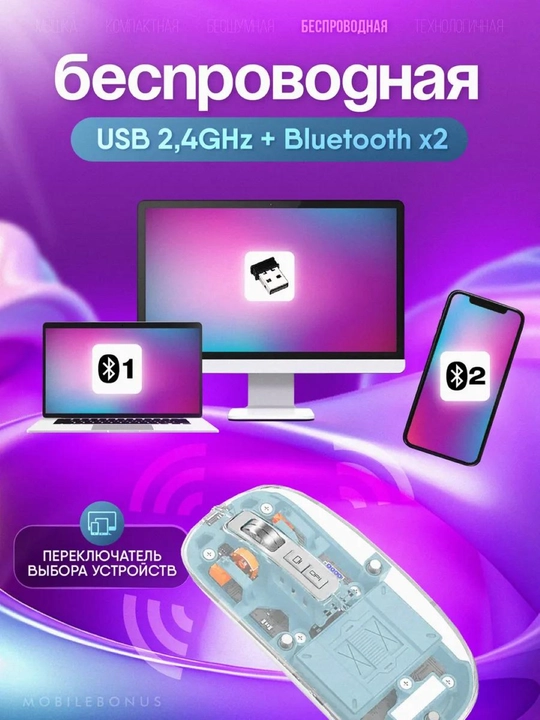 Noutbuk uchun simsiz shaffof sichqoncha, magnit qopqoq, 2.4 GHz