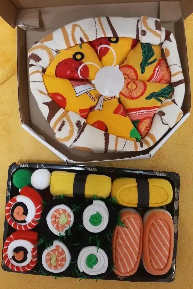 Sovg‘aga bosma naqshli ajoyib yorqin uzun paypoqlar - 3 va 5 juftlik, sushi, pitsa, burger