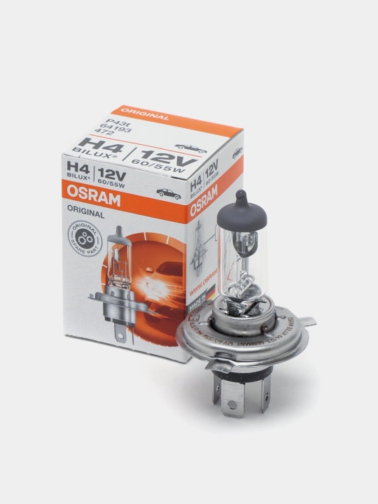 Galogen lampa Osram H4 Standart, 12 V, 60/55 Vt, avtomobil zavatsko'y lampalari uchun