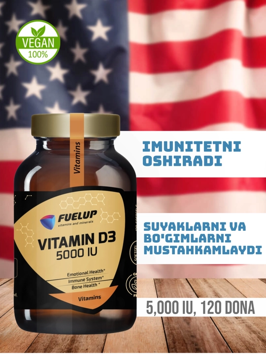 D3 vitamini 5000 birlik Vitamin D3 120 FuelUP softgeli shisha qadoq - 