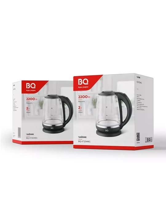 Чайник электрический BQ KT2049G, 2200 Вт, объем 2 л, из стекла, быстро закипает, подсветка