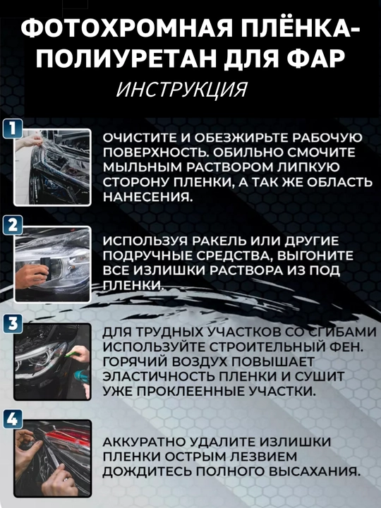 Бронеплёнка для фар фотохромная, ТПУ, тонировка фар, солнцезащитная для окон дома и офиса