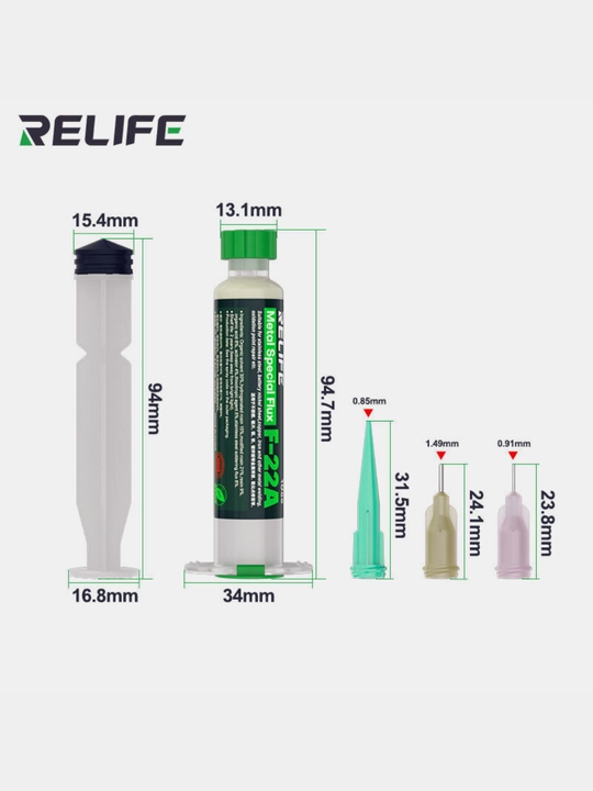 Флюс RELIFE F-22A для пайки металлов с поршнем и 3 иглами, 10 мл канифоль, паста паяльная