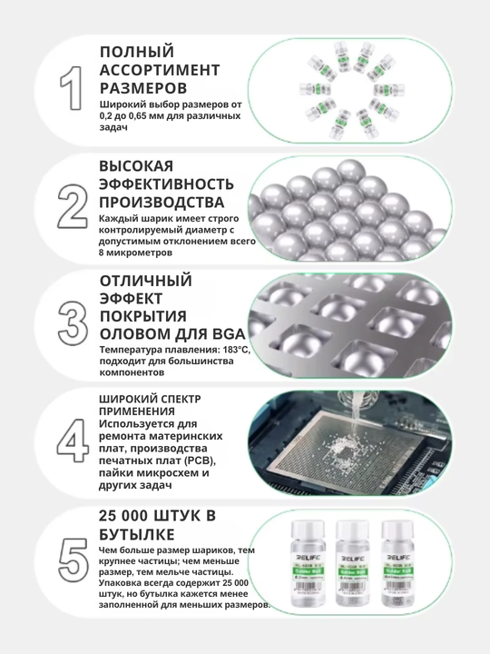 RELIFE RL-403B BGA lehim toplari 0.5 mm, 25000 dona, elektronikani tamirlash uchun arduino