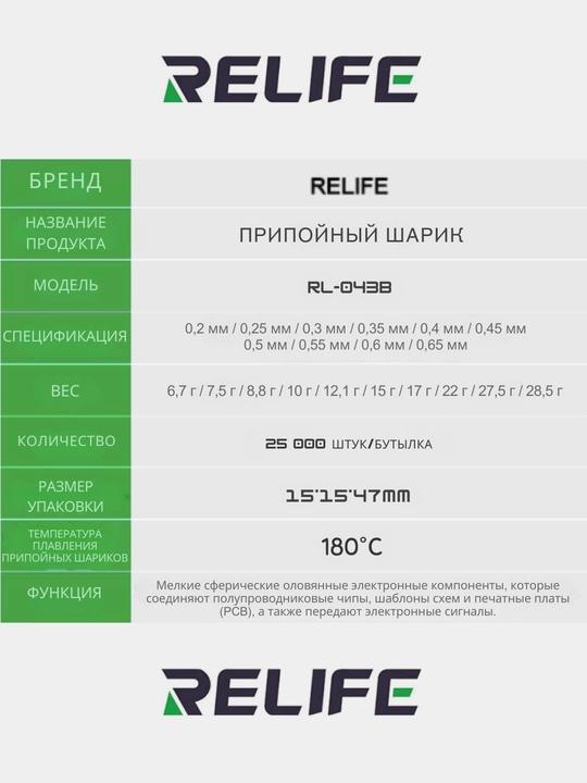 RELIFE RL-403B BGA lehim toplari, 0.65 mm, 25000 dona, elektronikani tamirlash uchun arduino