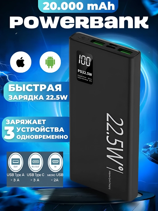 Внешний аккумулятор 20 000 mA/h 22.5W c быстрой зарядкой, 100% качество - 