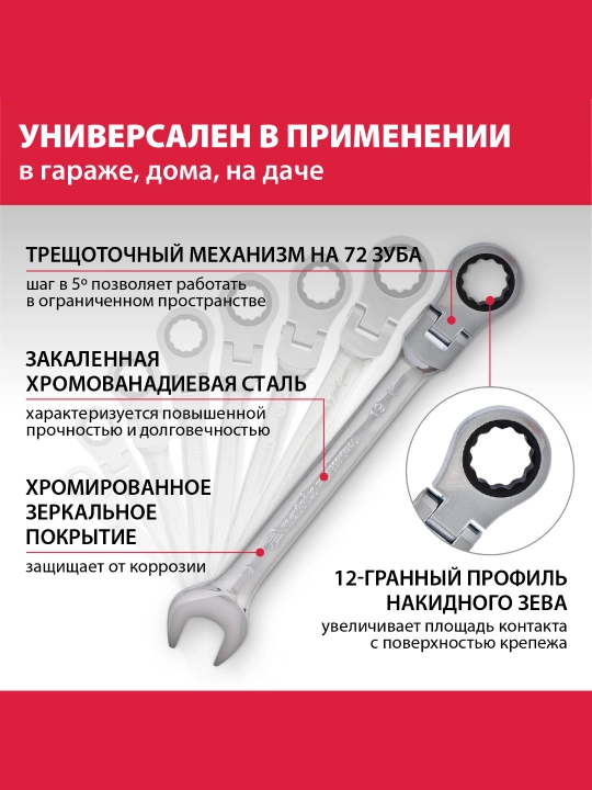 Набор ключей комбинированных MATRIX, 8-19 мм, 8 шт, с трещоткой, 14898 