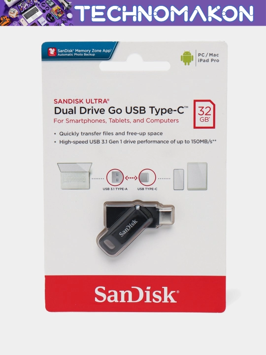 Flesh-xotira Sandisk Ultra Dual drive 32gb Go Usb Type-C 150Mb/s Usb 3.1
