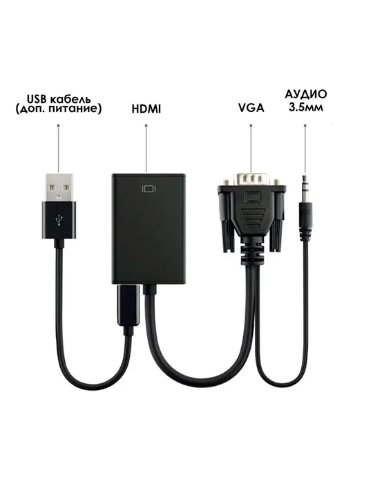 Переходник VGA-HDMI с кабелем питания и AUX для звука