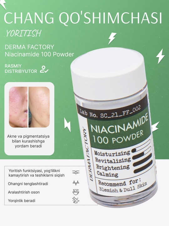 100% niatsinamidli yengillashtiruvchi qoshimcha-upa DERMA FACTORY Niacinamide 100 Powder, 9 g - 
