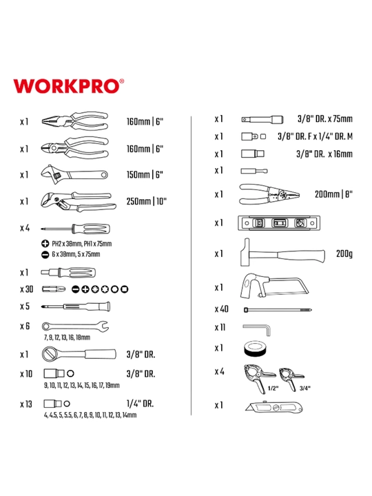 WorkPro ta’mirlash, qurilish va avtomobil uchun universal asboblar to‘plami