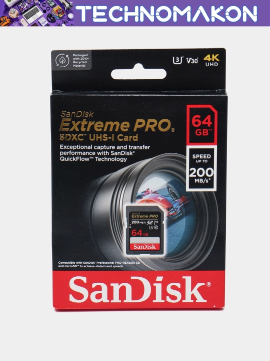 Fotoapparat uchun xotira kartasi Sandisk Extreme Pro SDXC UHS-I card, 64 GB, 200 Mb/s