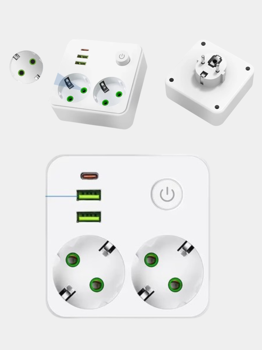 Разветвитель по типу переходник с 2 розетками, USB и Type-C портами - 